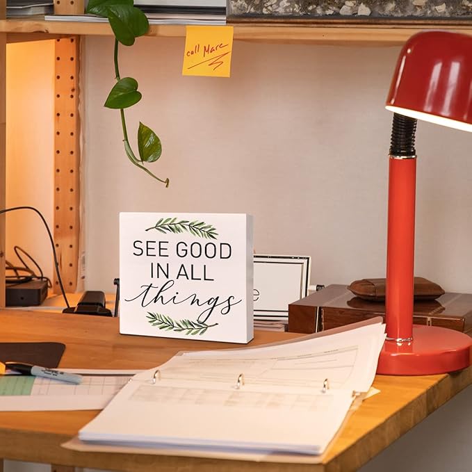 Home Office Desk Wooden Box Sign Decor, See Good in All Things, Inspirational Quotes Desk Decor Motivational Desk Decorations for Women Men Student Office Classroom School