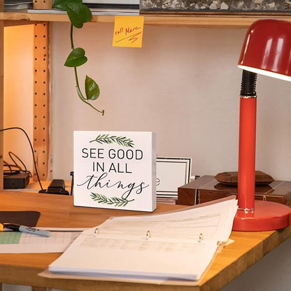 Home Office Desk Wooden Box Sign Decor, See Good in All Things, Inspirational Quotes Desk Decor Motivational Desk Decorations for Women Men Student Office Classroom School