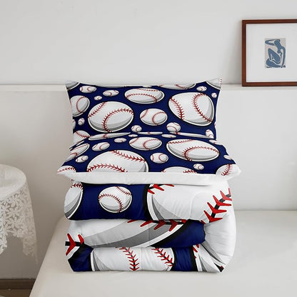 Baseball Bedding Set Sports Theme Comforter Set for Kids Boys Girls Teens 3D Blue Ball Pattern Comforter Breathable Baseball Games Duvet Set Room Decor Quilt Set Queen Size