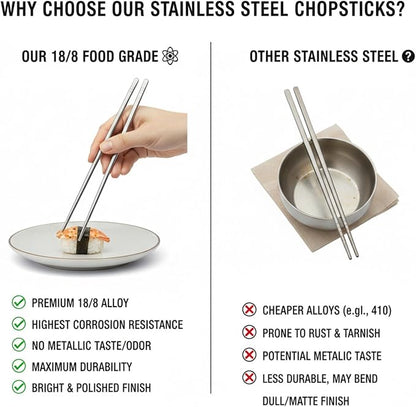 Stainless Steel Chopsticks 5 Pairs, 9 Inch Reusable Metal Chop Sticks, Lightweight Hollow Design, Square Anti-Roll & Non-Slip Tips, Dishwasher Safe Food Grade 18/8
