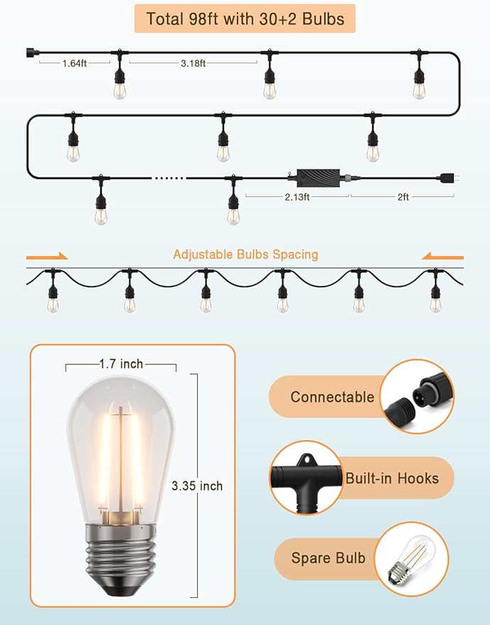 XMCOSY+ Outdoor String Lights, 98Ft Smart LED Patio Lights, WiFi Control, Compatible with Alexa, Waterproof Dimmable Edison String Lights for Outside, Porch