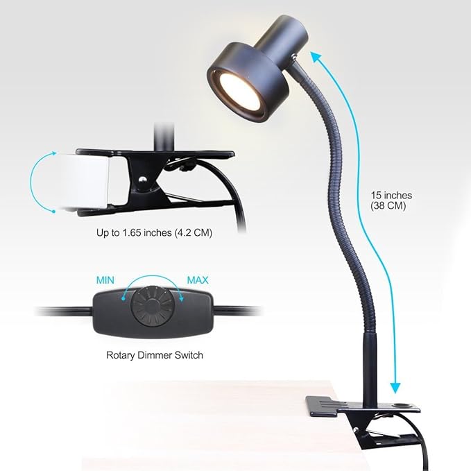 O’Bright LED Clip on Light for Bed Headboard/Desk, Dimmable LED Desk Lamp with Metal Clamp, 5W LED, Flexible Gooseneck, Adjustable Brightness for Eye-Care Reading, Vintage Design (Metal Black)