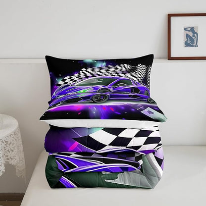 Purple Race Car Comforter Set Queen Size, Black White Lattice Bedding Set 2pcs for Kids Boys Teens Room Decor,Extreme Sport Games Quilt Set,Cool Modern Duvet Insert with 2 Pillowcases