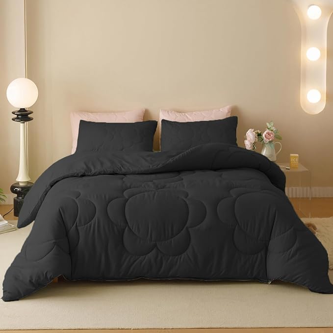 Black Flower Comforter Twin Black Flower Print Bed Twin Comforter Set 3 Pieces Dark Black Floral Comforter Set for Boys Girls Teens Bedroom Decor All Season Hotel Quality Comforter Set
