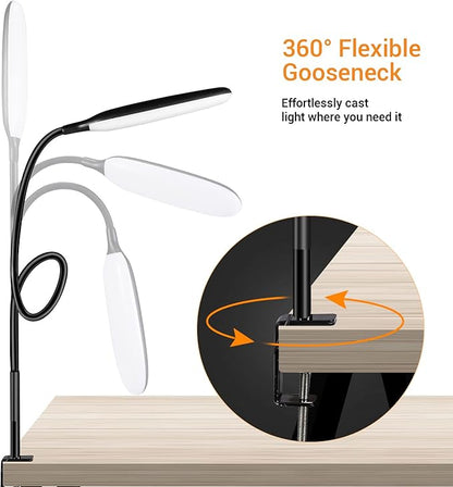 LED Desk Lamp with Clamp, 10W Flexible Gooseneck Swing Arm Clip Lamp with USB Plug, 3 Color Modes, 30 Brightness Levels, Eye-Caring Portable Desk Light for Home Office Reading Working (Black)