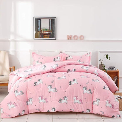 Uozzi Bedding Bed in a Bag 7 Pieces Queen Size Unicorn Pink with Rainbow Star - Soft Microfiber, Reversible Bed Comforter Set (1 Comforter, 2 Pillow Shams, 1 Flat Sheet, 1 Fitted Sheet, 2 Pillowcases)