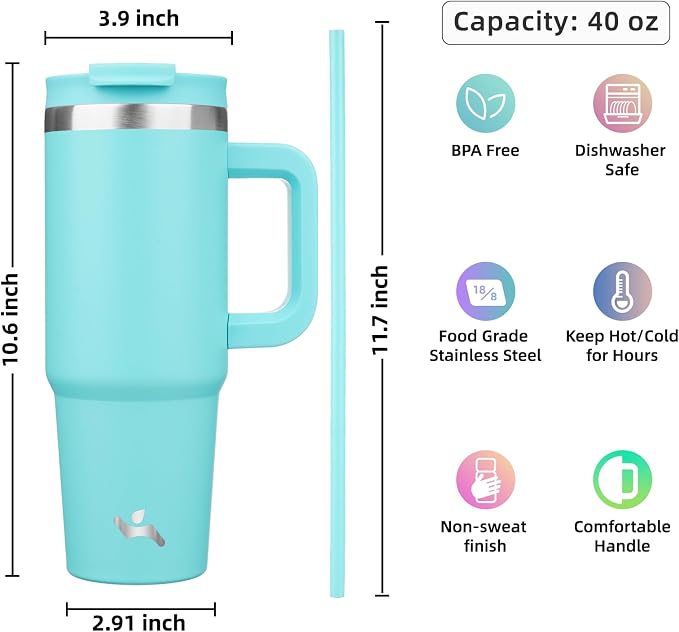 Konokyo 40 oz Insulated Tumbler Water Bottle with Handle, Straw Lid | BPA-free and dishwasher safe; made for gym, travel, coffee and gifting, 2 straws, cup holder friendly,Turquoise