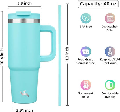 Konokyo 40 oz Insulated Tumbler Water Bottle with Handle, Straw Lid | BPA-free and dishwasher safe; made for gym, travel, coffee and gifting, 2 straws, cup holder friendly,Turquoise