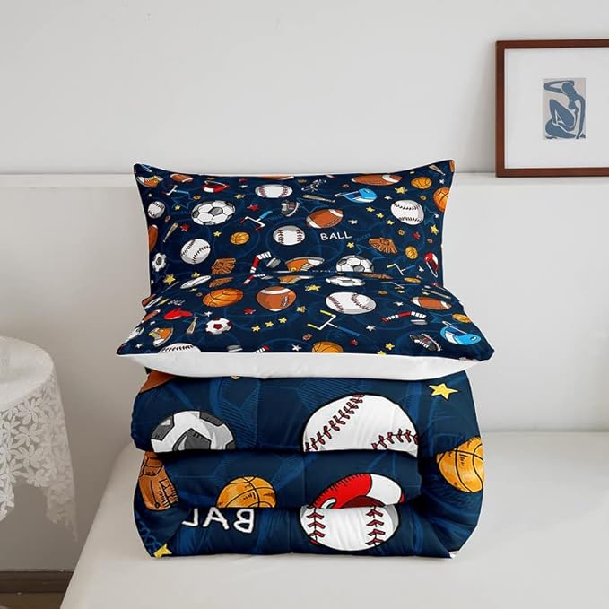 Feelyou Sports Theme Comforter Set 3D Blue Ball Bedding Set Baseball Football Basketball Comforter for Children Kids Boys Girls Microfiber Competitive Games Duvet Set Room Decor Quilt Set Twin Size