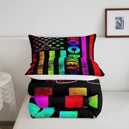 Erosebridal Boys Ice Hockey Bedding Set Queen Neon Rainbow American Flag Comforter Set For Kids Teen,Winter Sports Games Bed Comforter Set Retro Colorful Stripes Stars Quilt Duvet 2 Pillow Cases Black