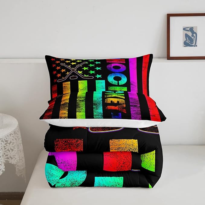 Erosebridal Boys Ice Hockey Bedding Set King Neon Rainbow American Flag Comforter Set for Kids Teen,Winter Sports Games Bed Comforter Set Retro Colorful Stripes Stars Quilt Duvet 2 Pillow Cases Black