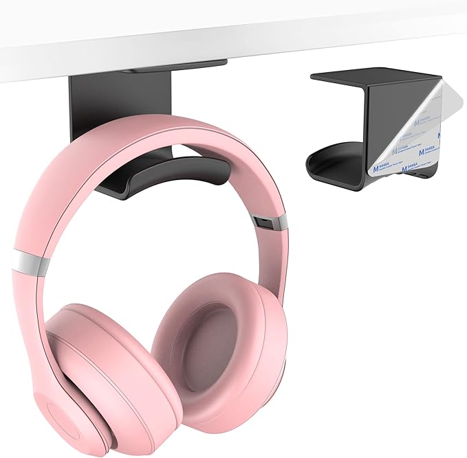 HomeMount Headphone Hook Under Desk - Headphone Holder Under Table, Adhesive Gaming Headphone Stand Hanger Desk Mount for Most Headphone（Black）