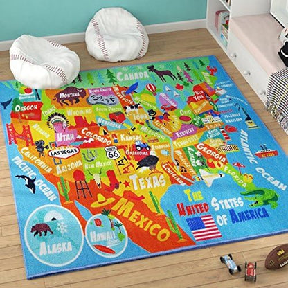 KC Cubs Playtime Collection USA United States Map Educational Learning & Game Area Rug Carpet for Kids and Children Bedrooms and Playroom (5'0" x 6'6")