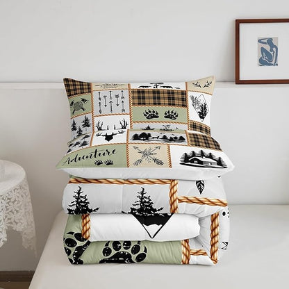 Camper Adventure Kids Comforter Set Twin Size,Deer Antlers Bear Paws Farmhouse Bedding Set for Boys Girls Adults Room Decor,Arrows Plaids Patchwork Down Comforter,Rustic Duvet Insert,1 Pillowcase