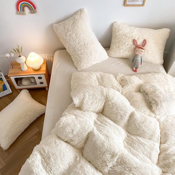 Faux Fur Kids Girls Milky White Comforter Sets Twin/Full - 3PC Bed Set Warm Comfortable Soft Plush Flannel Velvet Fluffy Fuzzy Bedding（Comforter x 1 Pillowcases x 2）