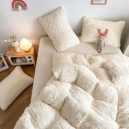 Faux Fur Kids Girls Milky White Comforter Sets Twin/Full - 3PC Bed Set Warm Comfortable Soft Plush Flannel Velvet Fluffy Fuzzy Bedding（Comforter x 1 Pillowcases x 2）