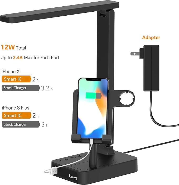 Drevet 3 in 1 LED Desk Table Lamp with Cell Phone Holder and Apple Watch Charger Stand, Eye-Caring Foldable Desk Light with USB Charging Port, 3 Level Brightness, Memory Function, Touch Control, Black