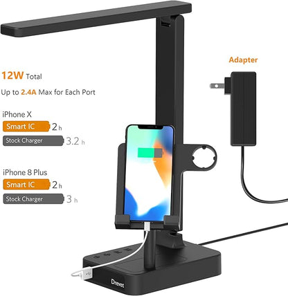 Drevet 3 in 1 LED Desk Table Lamp with Cell Phone Holder and Apple Watch Charger Stand, Eye-Caring Foldable Desk Light with USB Charging Port, 3 Level Brightness, Memory Function, Touch Control, Black