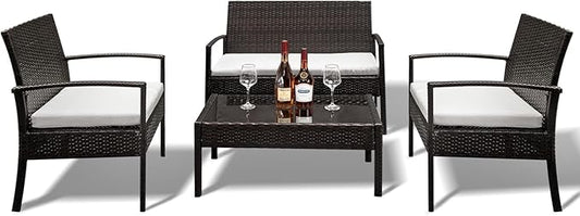 Outvita 4 Pieces Patio Furniture Set, Rattan Conversation Sets with Loveseat Soft Cushion and Glass Table for Garden Backyard Balcony Porch Poolside(Black)