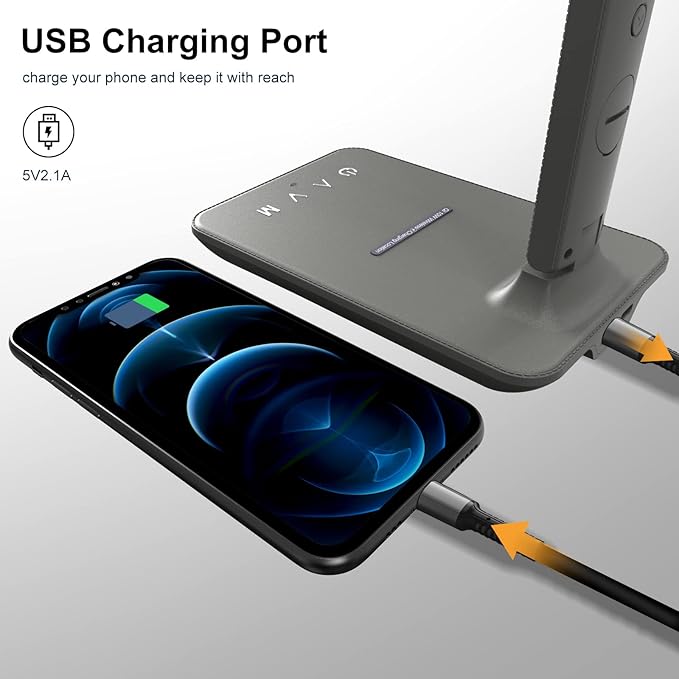 poukaran Desk Lamp, LED Desk Lamp with Wireless Charger, USB Charging Port, Table Lamp with Clock, Alarm, Date, Temperature, Office Lamp, Desk Lamps for Home Office, Grey