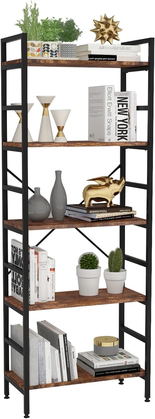 5 Tier Tall BookShelf,Bookcase with Steel Frame,Home Office Modern Bookcase Shelf for Bedroom/Living Room/Home Office - Rustic Brown Storage Rack for Books,Garage Kit, CDs and Movies
