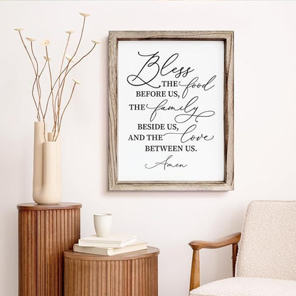 Christian Wooden Wall Sign, Dining Room Decors, Farmhouse Decor for Kitchen, Rustic Home Decor, Framed Wall Plaque Sign 15 * 11.5 inches, Bless the Food Before Us