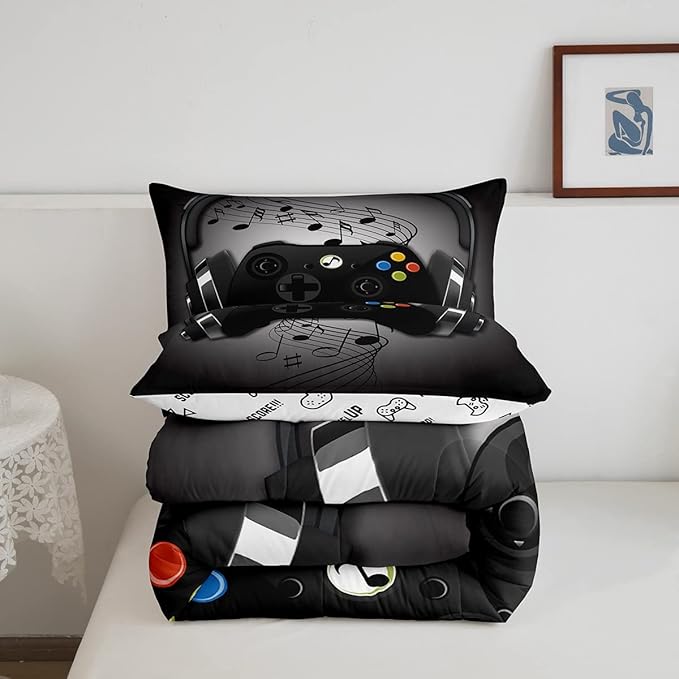 Gamer Comforter Set King Size,Black Grey Headphones Musical Design Games Gamepad Bedding Set for Kids Boys Video Game Room Decor Retro Playing Gamer Down Comforter Gaming Controller Quilted Duvet Set