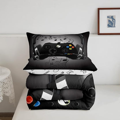 Gamer Comforter Set King Size,Black Grey Headphones Musical Design Games Gamepad Bedding Set for Kids Boys Video Game Room Decor Retro Playing Gamer Down Comforter Gaming Controller Quilted Duvet Set