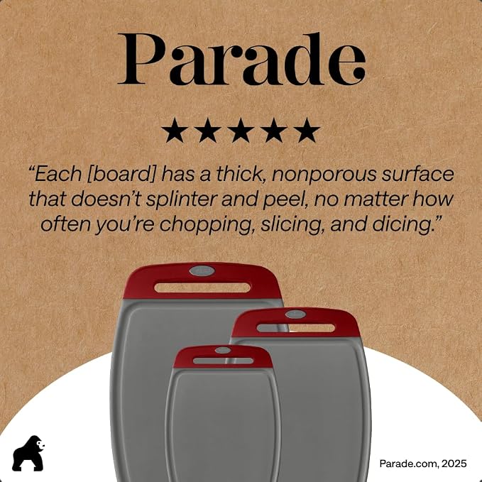 GORILLA GRIP BPA-Free Reversible Kitchen Cutting Board Set of 3, US Designed, Nonporous, Juice Grooves Catch Liquid, Slip Resistant Border, Dishwasher Safe, Durable Large Food Chopping Boards,Gray Red