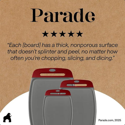 GORILLA GRIP BPA-Free Reversible Kitchen Cutting Board Set of 3, US Designed, Nonporous, Juice Grooves Catch Liquid, Slip Resistant Border, Dishwasher Safe, Durable Large Food Chopping Boards,Gray Red