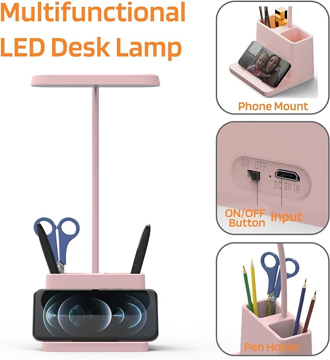 AXX Cute Desk Lamp, Pink Desk Light for Kids, Women, Teen Girls, LED Table Lamp for Bedroom Reading - Small, Rechargeable, Battery Operated, Adjustable - Office Accessories/College Essentials