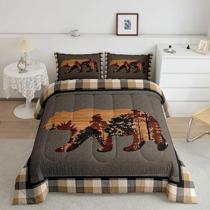 Cute Bear Comforter Set Wild Animal Pattern Bedding Set for Teens Nature Wildlife Bear Bedding Set Western Farmhouse Orange Grey Duvet Set Room Decor Full Size Duvet Set 3Pcs