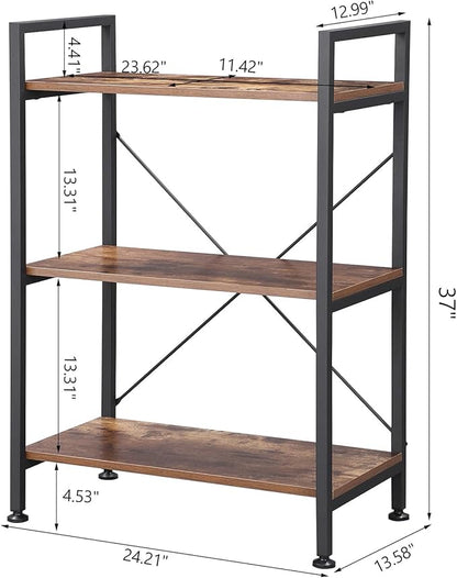 BEWISHOME 3 Tier Bookshelf, Rustic Small Book Shelf for Small Spaces, Brown Wooden Shelves for Bedroom Living Room and Home Office, 13.58" D x 24.21" W x 37" H, JCJ32Z