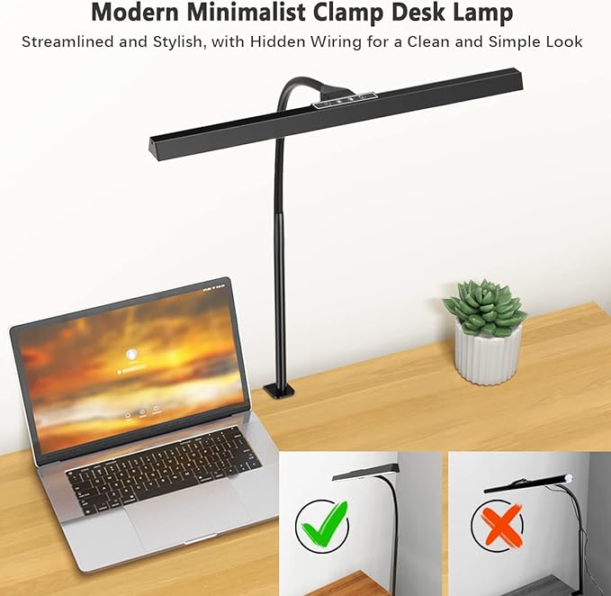 Hapfish LED Desk Lamp for Home Office with Charger - 12W Desk Light Bar, 25 Lighting Modes, Eye-Caring Modern Flexible Gooseneck Clamp Table Lamps for Office Study Monitor Workbench