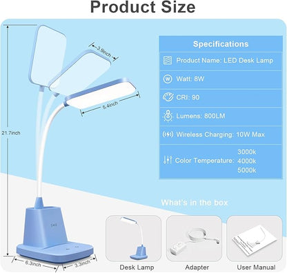 Sailstar Small Desk Lamp, Kids Desk Lamp with Pen Holder, Wireless Charger LED Desk Lamps for Home Office, 800LM Gooseneck 3 Modes Dimmable Touch Cute Desk Lamp, Blue Study Lamp for College Dorm Room