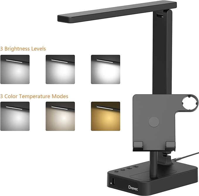 Drevet 3 in 1 LED Desk Table Lamp with Cell Phone Holder and Apple Watch Charger Stand, Eye-Caring Foldable Desk Light with USB Charging Port, 3 Level Brightness, Memory Function, Touch Control, Black