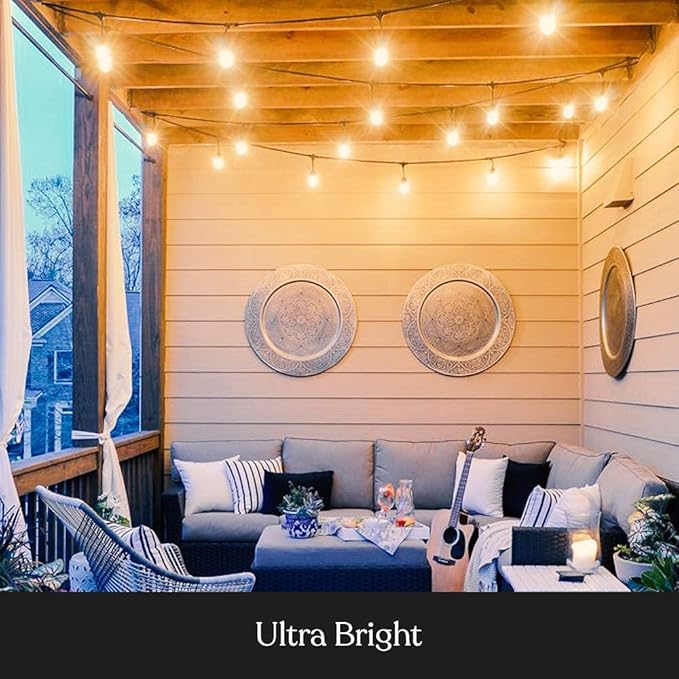 Brightech Ambience Pro Incandescent Outdoor String Lights - Commercial Grade Waterproof Patio Lights with 48 Ft Dimmable Edison Bulbs, Porch String Lights for Patio, Backyard - 15 Bulbs 11W