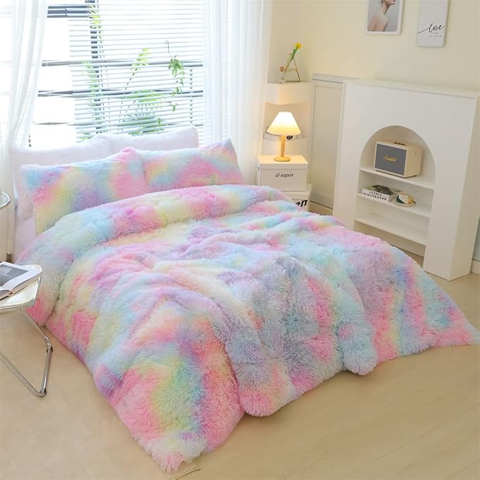 Faux Fur Kids Girls Rainbow Comforter Sets King - 3PC Bed Set Warm Comfortable Soft Plush Flannel Velvet Fluffy Fuzzy Bedding（Comforter x 1 Pillowcases x 2）