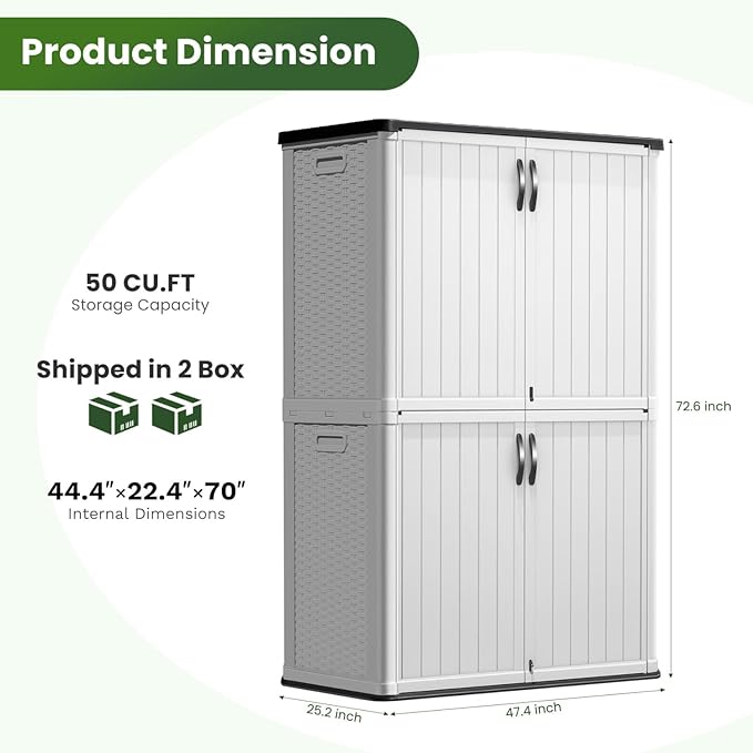 Greesum Outdoor Storage Cabinet Without Shelves, 45 cu.ft Outdoor Waterproof Storage Shed for Garden Tools, Pool Storage, Garbage Cans, White
