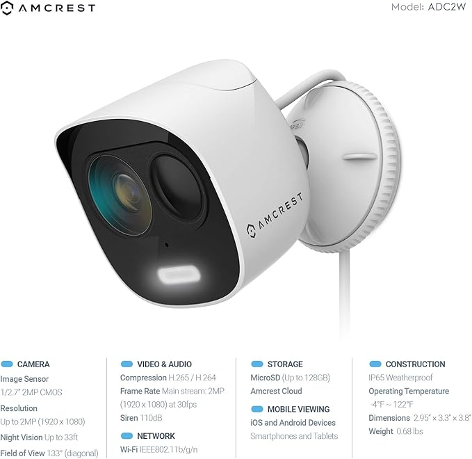 Amcrest SmartHome 1080p WiFi Outdoor Security Camera with Spotlight, Built-in Siren Alarm, Strobe Light, Two-Way Audio, Night Vision, 133° View, IP65 Weatherproof, MicroSD & Smart Cloud Storage, ADC2W