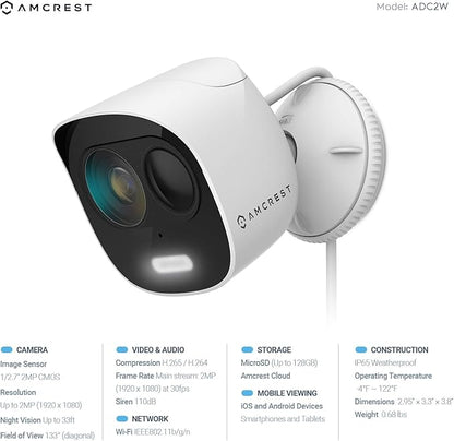 Amcrest SmartHome 1080p WiFi Outdoor Security Camera with Spotlight, Built-in Siren Alarm, Strobe Light, Two-Way Audio, Night Vision, 133° View, IP65 Weatherproof, MicroSD & Smart Cloud Storage, ADC2W