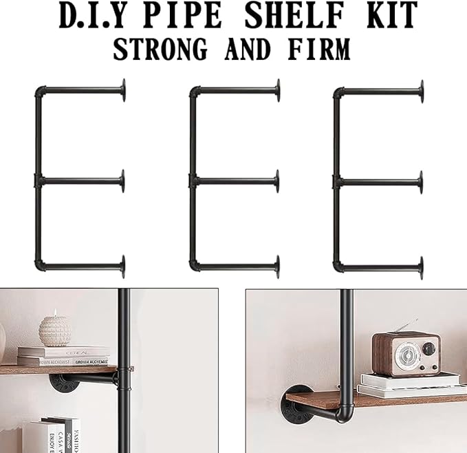 HITOMEN Industrial Iron Pipe Shelves, 3 Set 3-Tier, 28" Tall, 12" Depth, DIY Open Bookshelf Bookcase, Wall Mounted Vintage Retro Shelving, Rustic Farmhouse Pantry Kitchen Storage, Black Shelf Brackets