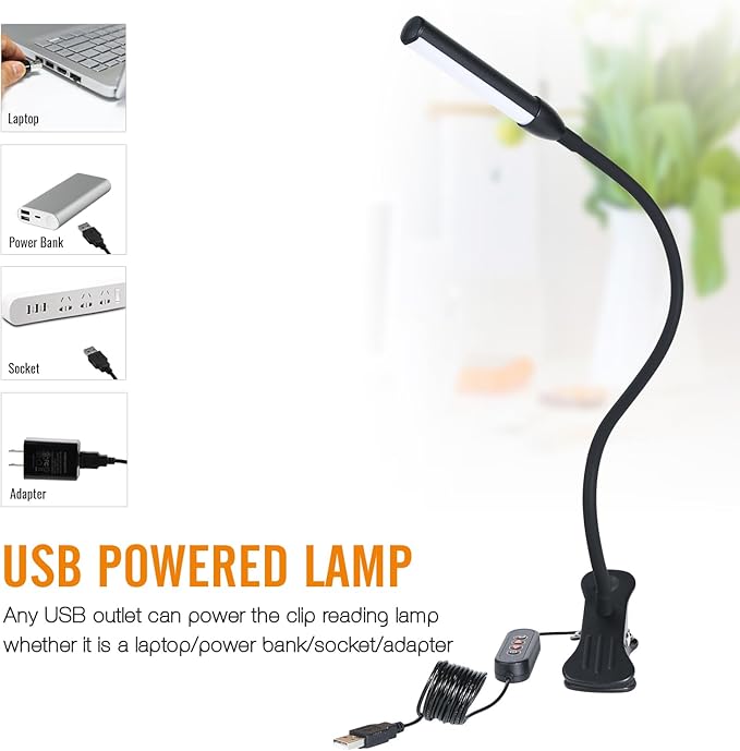 Clip on Reading Light, Clip Light, Warm & Daylight & White Light 3 Colors, Eye-Care Clamp Lamp with 10 Dimmable Illumination Modes