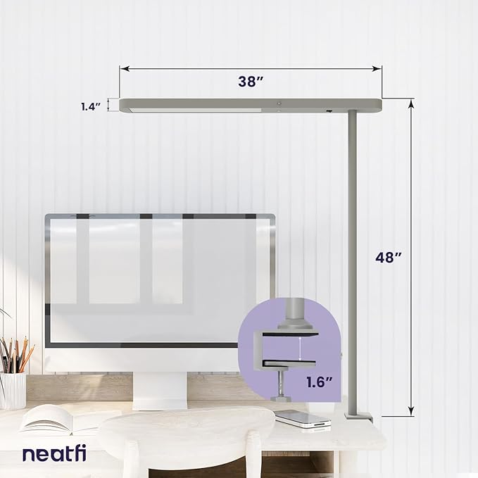 Neatfi 5200 High-Lumens Premium LED Desk Lamp - Ultrabright Light, Clamp-on, 40W, 4000K Color Temperature, Adjustable Head - Ideal for Home Office and Study (38 Inches, Gray)
