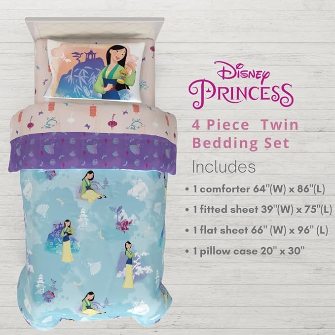 Franco Disney Princess Mulan Kids Bedding Super Soft Microfiber Comforter and Sheet Set, 4 Piece Twin Size, (Official Licensed Product)