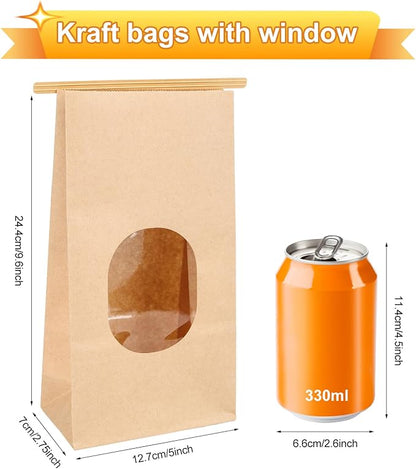 Bakery Bags with Window, 100Pcs, 5.1x2.75x9.6 in, Kraft Paper, Reusable | Airtight tin tie lock + clear window: reusable food-safe kraft bags for bread, cookies, coffee beans, snacks & party favors