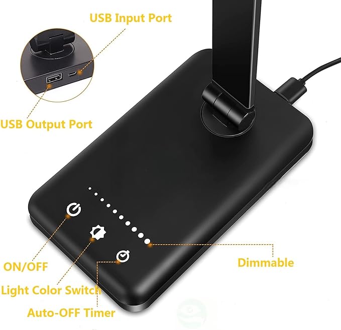 LED Desk Lamp Dimmable Table Reading Lamp with USB Charging Port, 5 Lighting Modes, Sensitive Control, 30/60 Minutes Auto-Off Timer, Eye-Caring Office Lamp (Black)