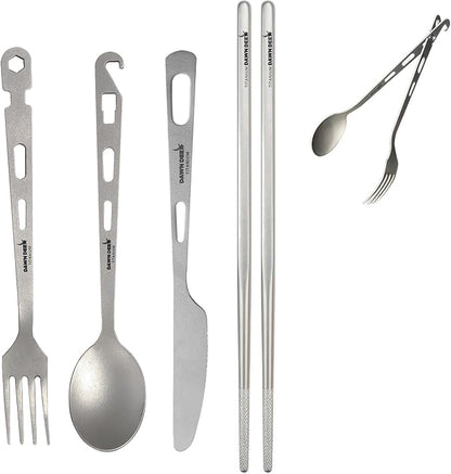 4Pcs- Titanium Fork Spoon Knife Chopsticks Set - Camping Tongs | Ultralight Backpacking Utensils, Travel Cutlery Set, Heat-Resistant & Rustproof, Hiking Survival Gear