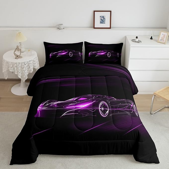 Feelyou Purple Race Car Bedding Set Queen Size for Kids Boys Extreme Sport Games Comforter Set Teens Toddler Fast and Furious Duvet Set Cool Modern Quilt Set 3Pcs