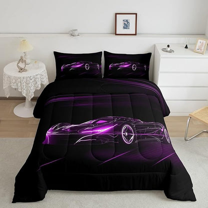 Feelyou Purple Race Car Bedding Set Queen Size for Kids Boys Extreme Sport Games Comforter Set Teens Toddler Fast and Furious Duvet Set Cool Modern Quilt Set 3Pcs